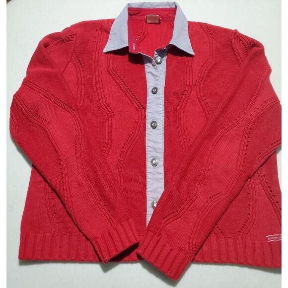 Blue Willi's Womens Red Cotton Cardigan Size Large Rhinestone Preppy Bohemian - Picture 1 of 6